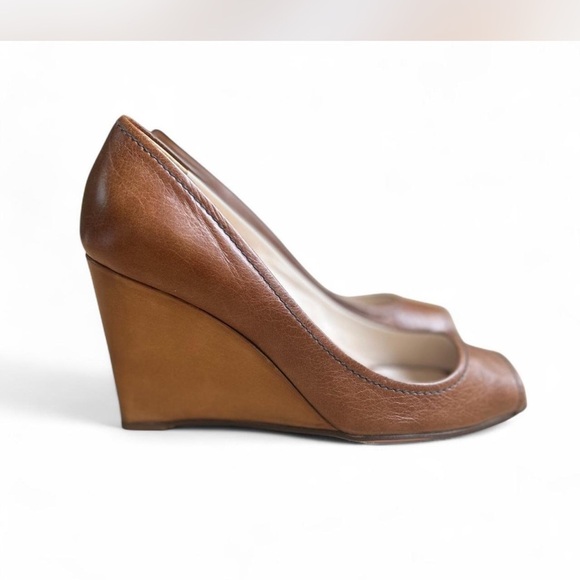 Pradal Leather Camel Tan Square Peep Toe Wedges Size 37 or US 7 - Picture 4 of 10